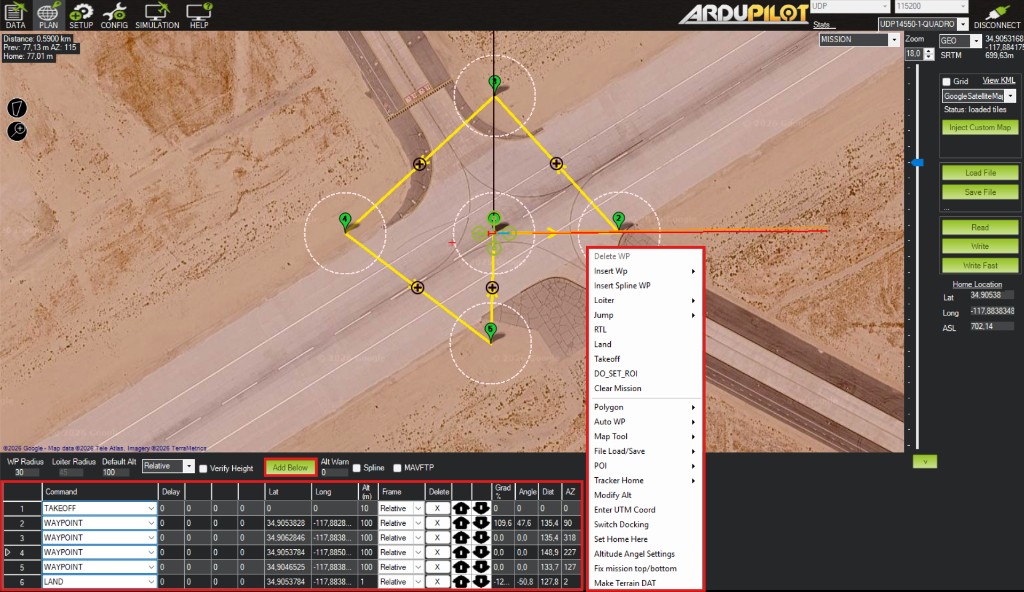 Mission Planner map right-click mission menu