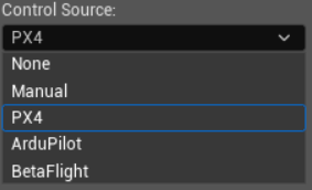 Control Source panel with PX4 selected
