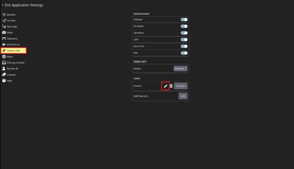 QGroundControl communication link configuration