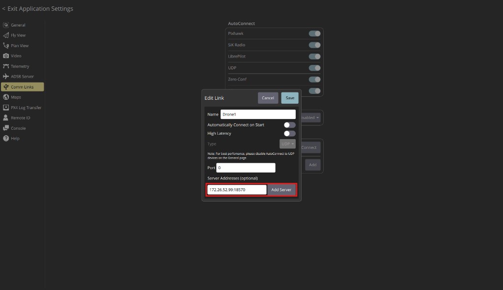 QGroundControl comm link edit window with server address
