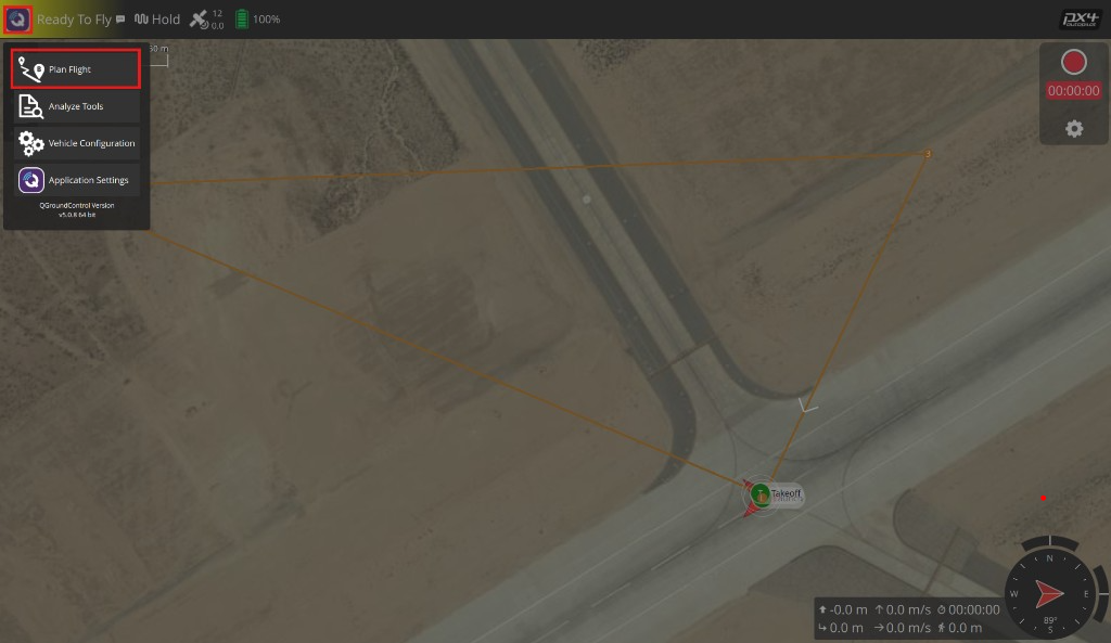 QGroundControl main screen with Plan Flight highlighted